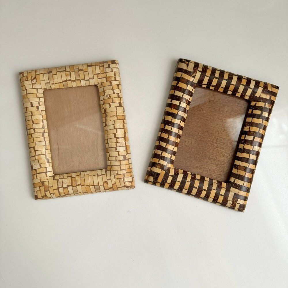 Two Bamboo Tropical Wooden Photo Frames  4" X 5.5" Tabletop Display